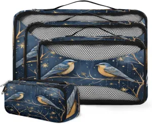4 Set Packing Cubes for Suitcases, Travel Essentials for Carry on Luggage, Retro Bird Suitcase Organizers for Clothes Shoes Toiletries Travel Accessories in 4 Sizes - Cartoon Bird