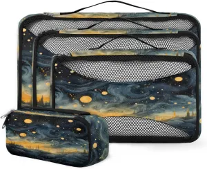 4 Set Packing Cubes for Suitcases, Travel Essentials for Carry on Luggage, Retro Galaxy Suitcase Organizers for Clothes Shoes Toiletries Travel Accessories in 4 Sizes - Glitter Galaxy