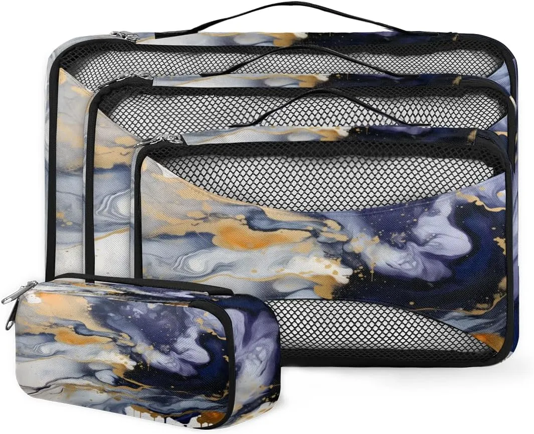 4 Set Packing Cubes for Suitcases, Travel Essentials for Carry on Luggage, Retro Marble Suitcase Organizers for Clothes Shoes Toiletries Travel Accessories in 4 Sizes - Blue Gold Marble