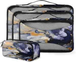 4 Set Packing Cubes for Suitcases, Travel Essentials for Carry on Luggage, Retro Marble Suitcase Organizers for Clothes Shoes Toiletries Travel Accessories in 4 Sizes - Blue Gold Marble