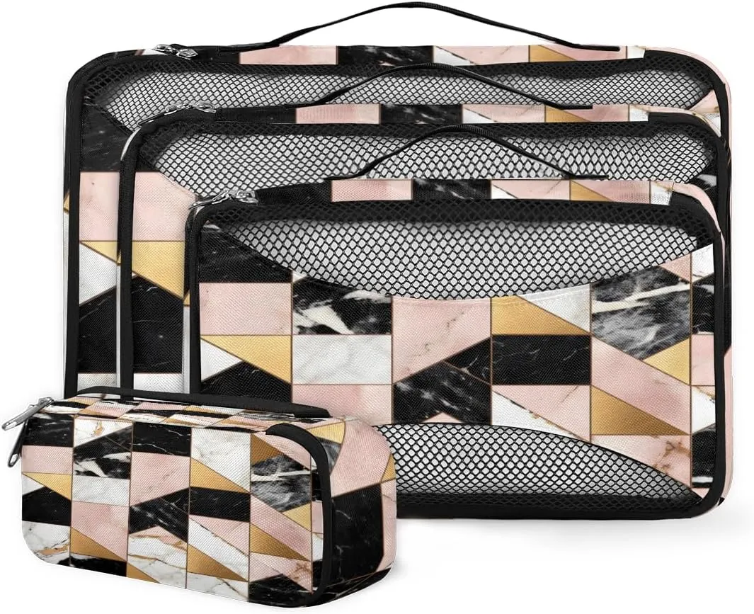 4 Set Packing Cubes for Suitcases, Travel Essentials for Carry on Luggage, Retro Marble Suitcase Organizers for Clothes Shoes Toiletries Travel Accessories in 4 Sizes - Pink Gold Marble