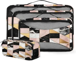4 Set Packing Cubes for Suitcases, Travel Essentials for Carry on Luggage, Retro Marble Suitcase Organizers for Clothes Shoes Toiletries Travel Accessories in 4 Sizes - Pink Gold Marble