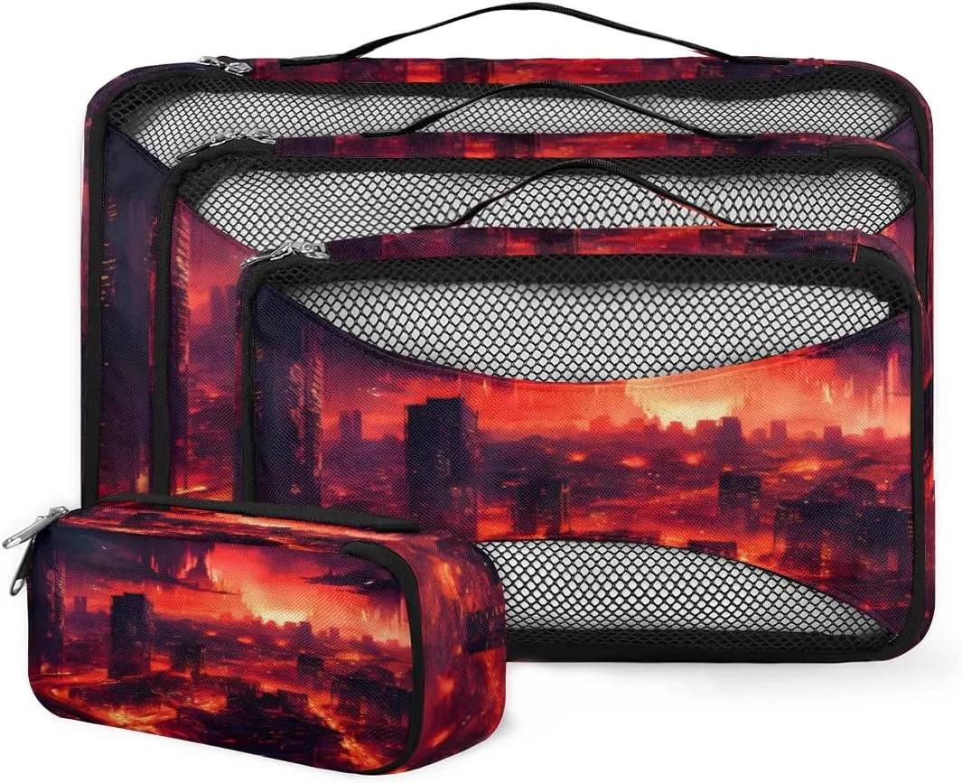 4 Set Packing Cubes for Suitcases, Travel Essentials for Carry on Luggage, Sunset City Suitcase Organizers for Clothes Shoes Toiletries Travel Accessories in 4 Sizes - Mystical City