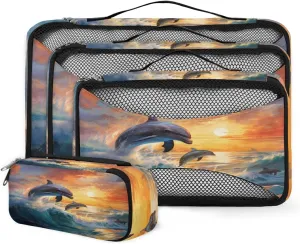 4 Set Packing Cubes for Suitcases, Travel Essentials for Carry on Luggage, Sunset Dolphin Suitcase Organizers for Clothes Shoes Toiletries Travel Accessories in 4 Sizes - Cartoon Dolphin