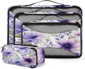 4 Set Packing Cubes for Suitcases, Travel Essentials for Carry on Luggage, Varicolored Flowers Suitcase Organizers for Clothes Shoes Toiletries Travel Accessories in 4 Sizes - Retro Flowers