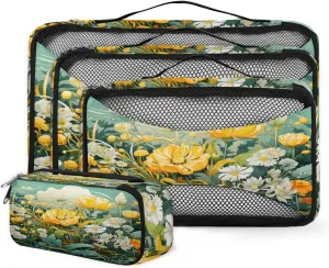 4 Set Packing Cubes for Suitcases, Travel Essentials for Carry on Luggage, Watercolor Flowers Suitcase Organizers for Clothes Shoes Toiletries Travel Accessories in 4 Sizes - Bright Flowers