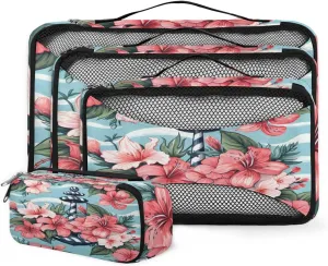 4 Set Packing Cubes for Suitcases, Travel Essentials for Carry on Luggage, Watercolor Flowers Suitcase Organizers for Clothes Shoes Toiletries Travel Accessories in 4 Sizes - Varicolored Flowers