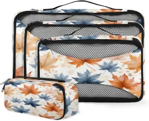 4 Set Packing Cubes for Suitcases, Travel Essentials for Carry on Luggage, Watercolor Leaves Suitcase Organizers for Clothes Shoes Toiletries Travel Accessories in 4 Sizes - Abstract Maple Leaves