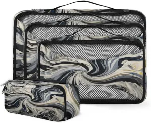 4 Set Packing Cubes for Suitcases, Travel Essentials for Carry on Luggage, Watercolor Marble Suitcase Organizers for Clothes Shoes Toiletries Travel Accessories in 4 Sizes - Black Gold Marble