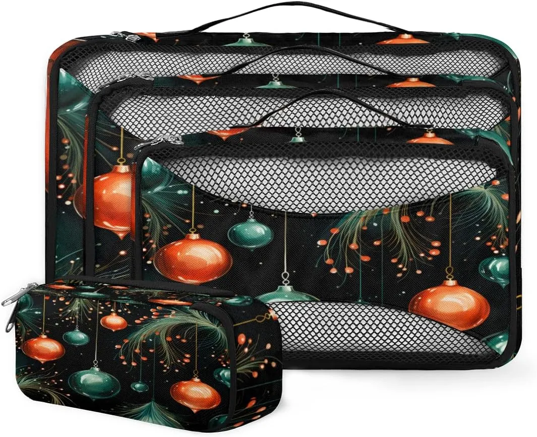 4 Set Packing Cubes for Suitcases, Travel Essentials for Carry on Luggage, Winter Xmas Suitcase Organizers for Clothes Shoes Toiletries Travel Accessories in 4 Sizes - Christmas Ball