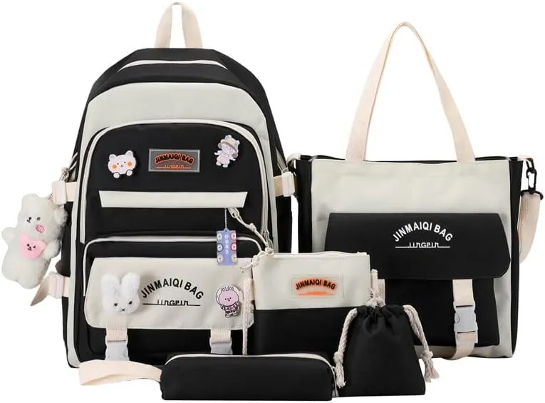 5Pcs Kawaii Backpack with Aesthetic Pin Accessories Cute Laptop Ita Bag for Back to School Stationary Supplies (Black)