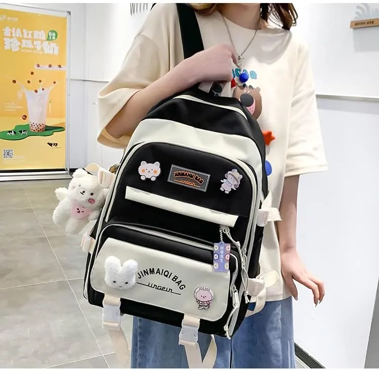 5Pcs Kawaii Backpack with Aesthetic Pin Accessories Cute Laptop Ita Bag for Back to School Stationary Supplies (Black)