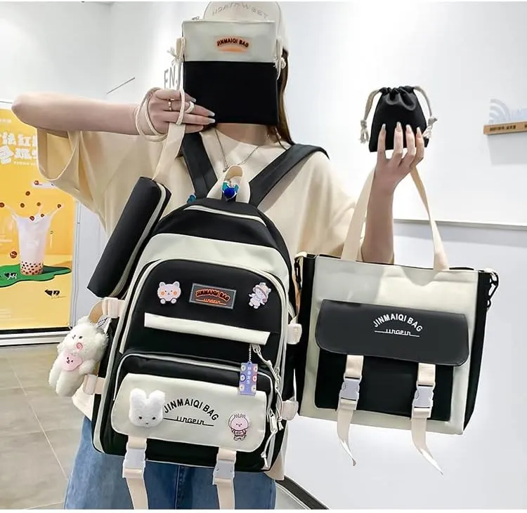 5Pcs Kawaii Backpack with Aesthetic Pin Accessories Cute Laptop Ita Bag for Back to School Stationary Supplies (Black)