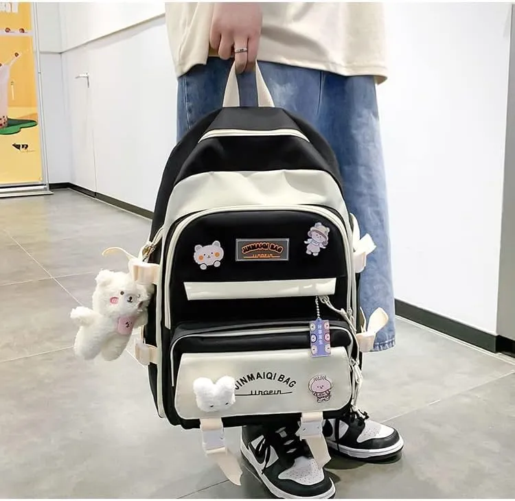 5Pcs Kawaii Backpack with Aesthetic Pin Accessories Cute Laptop Ita Bag for Back to School Stationary Supplies (Black)