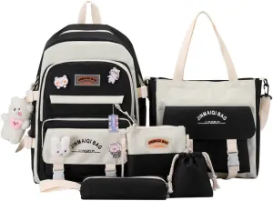 5Pcs Kawaii Backpack with Aesthetic Pin Accessories Cute Laptop Ita Bag for Back to School Stationary Supplies (Black)