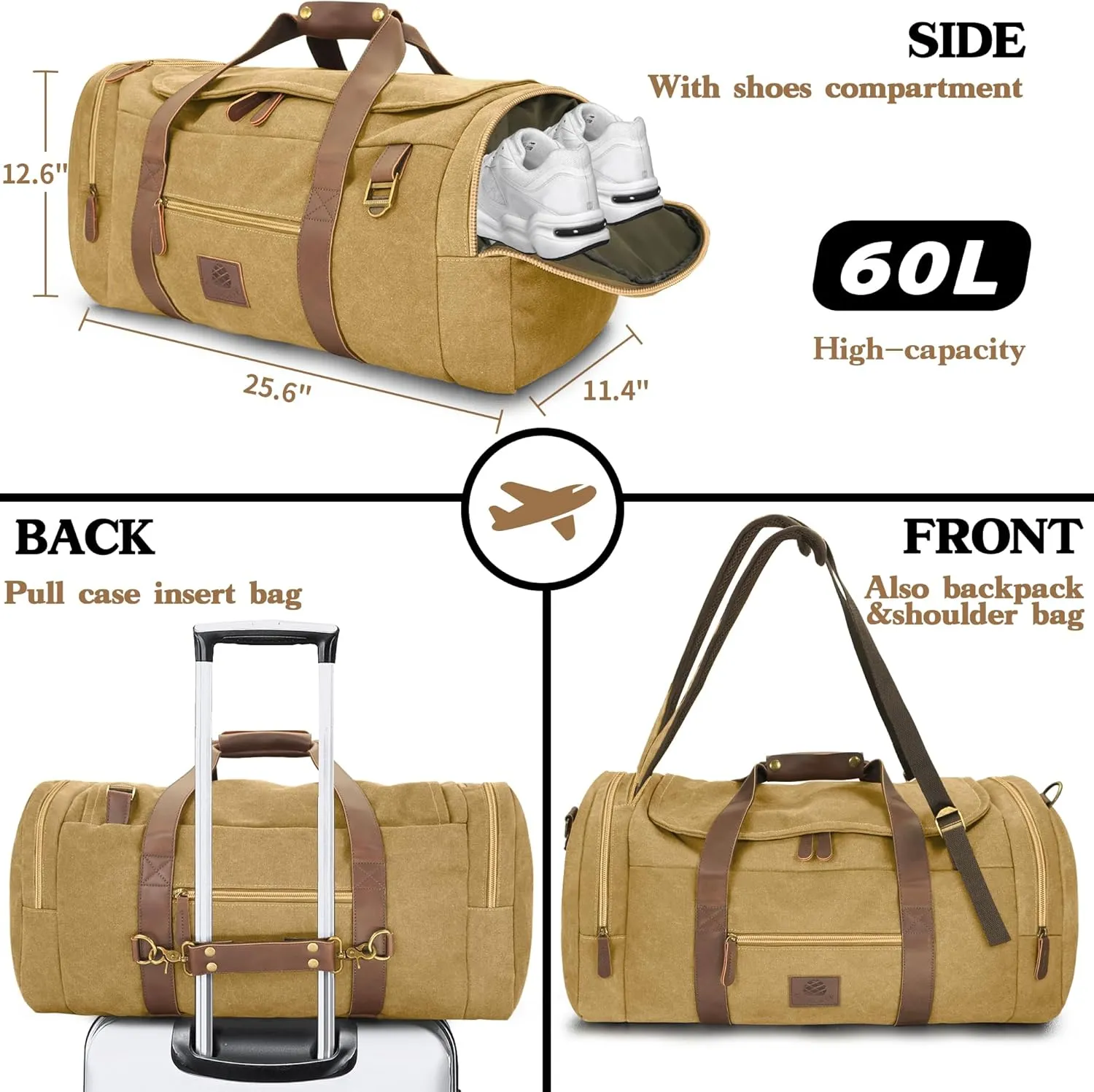 60L Duffle Bag for Men, Nomad Waxed Canvas Travel Duffel Bag Vintage Genuine Leather Travel Handbag Upgraded Weekender Overnight Backpack with Shoes Compartment (Khaki, X Large-60L)