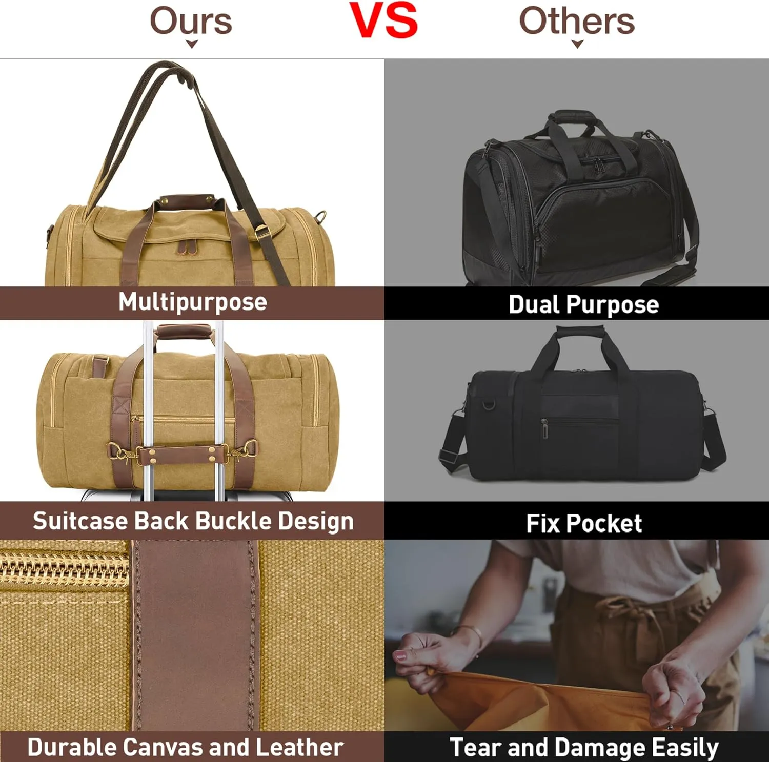 60L Duffle Bag for Men, Nomad Waxed Canvas Travel Duffel Bag Vintage Genuine Leather Travel Handbag Upgraded Weekender Overnight Backpack with Shoes Compartment (Khaki, X Large-60L)