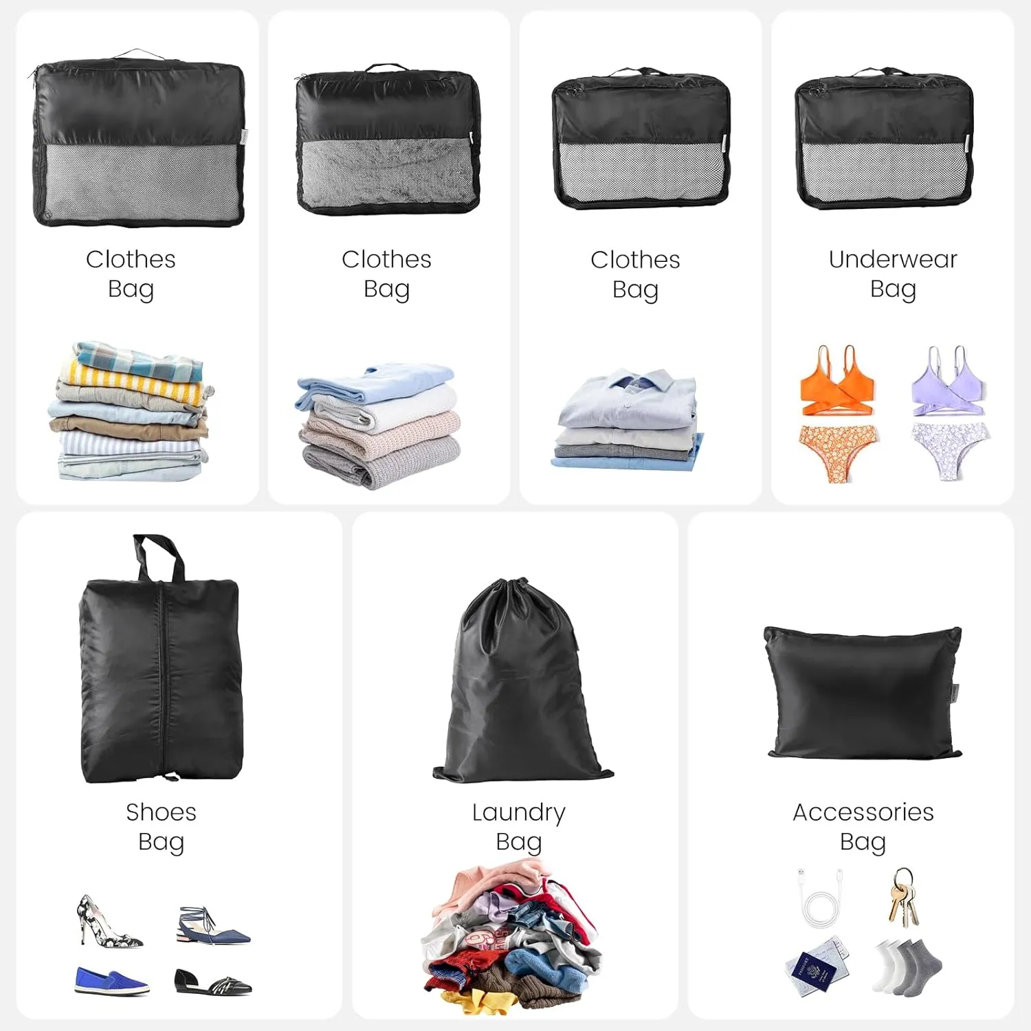 7 Set Packing Cubes for Travel Organization,Packing Organizers for Suitcases,Travel Accessories Luggage Organizer Set (Black)