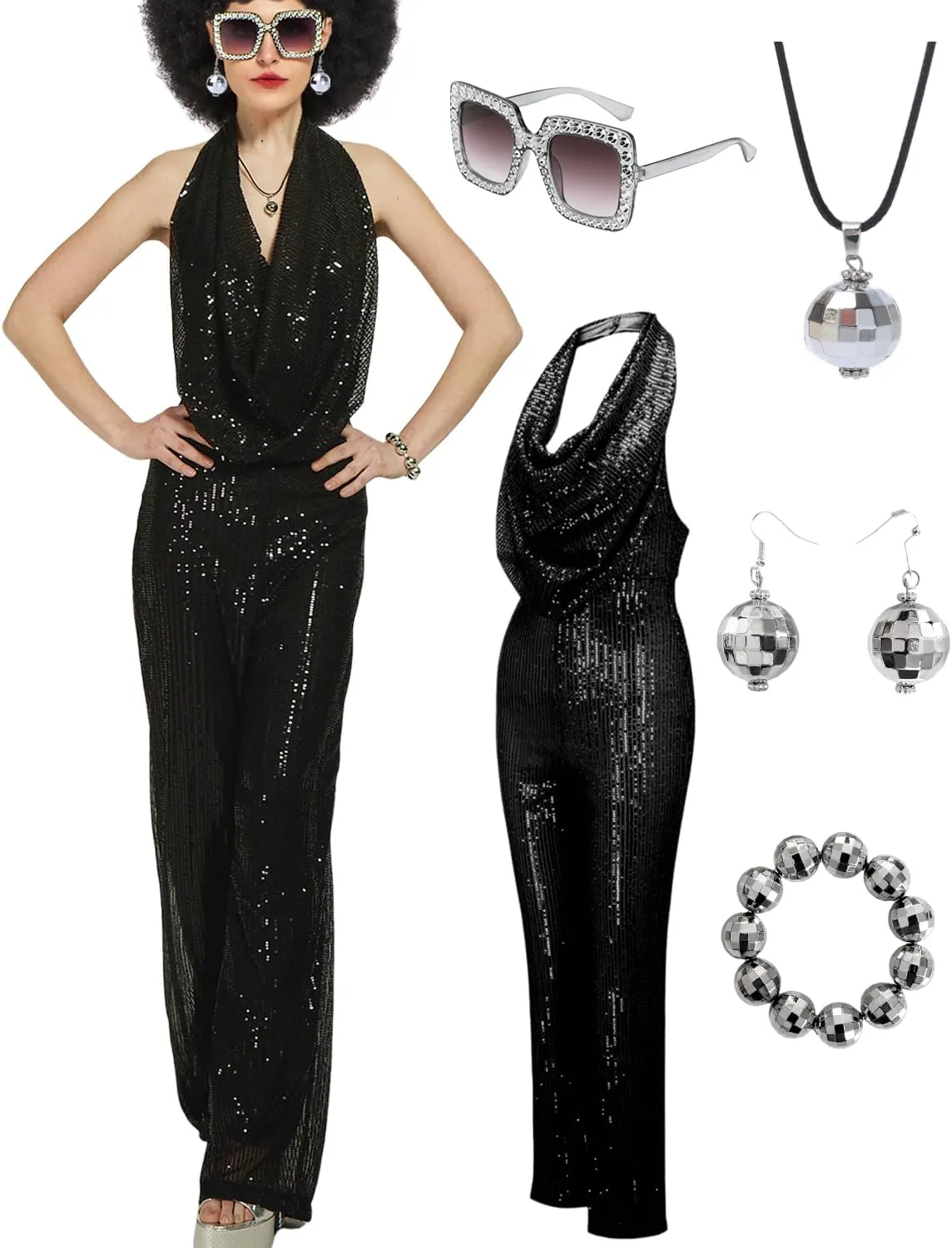 70s Disco Outfit Woman Sequin Backless Disco Jumpsuit Costume Outfits for Women with Disco Ball Accessories
