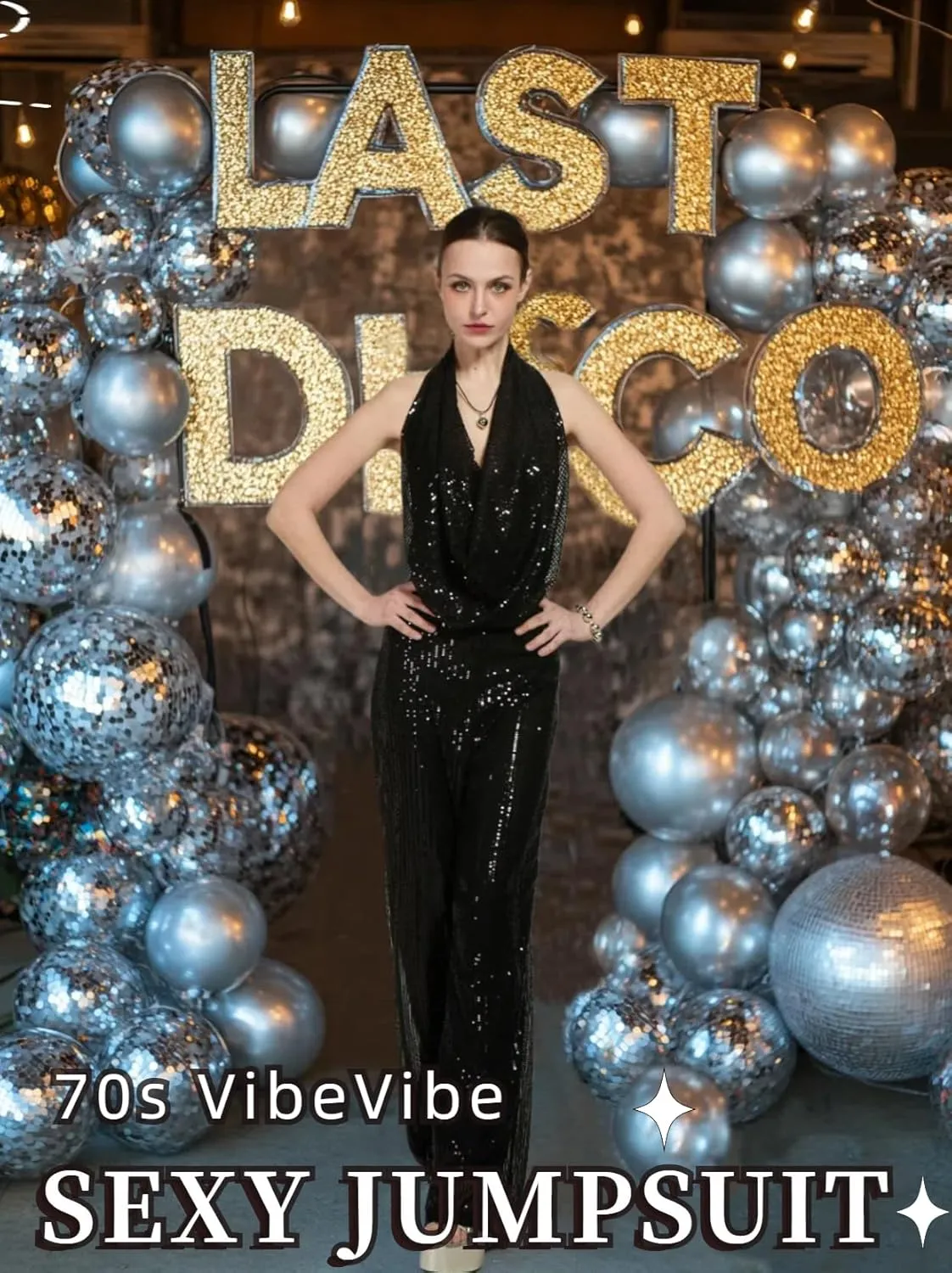 70s Disco Outfit Woman Sequin Backless Disco Jumpsuit Costume Outfits for Women with Disco Ball Accessories