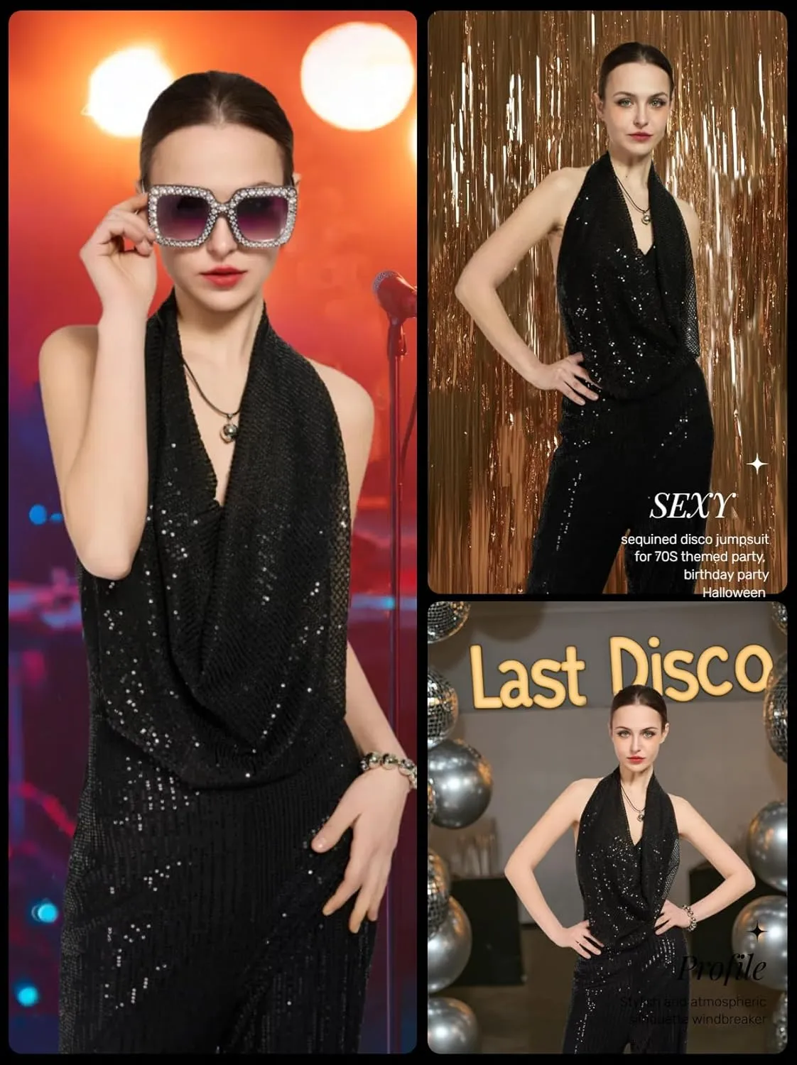 70s Disco Outfit Woman Sequin Backless Disco Jumpsuit Costume Outfits for Women with Disco Ball Accessories