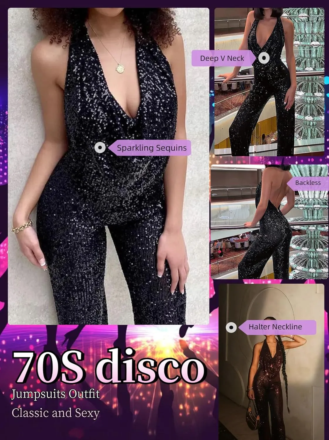 70s Disco Outfit Woman Sequin Backless Disco Jumpsuit Costume Outfits for Women with Disco Ball Accessories