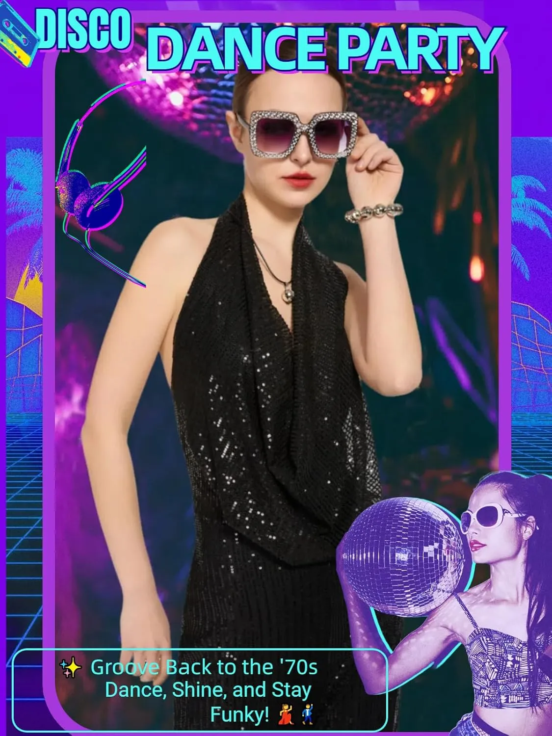 70s Disco Outfit Woman Sequin Backless Disco Jumpsuit Costume Outfits for Women with Disco Ball Accessories