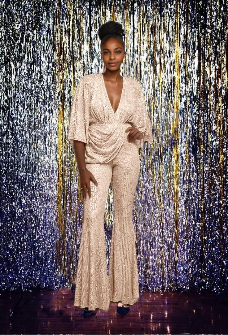 70s Disco Outfit Woman Sequin Jumpsuit Costume Outfits V-Neck for Women with Disco Ball Accessories