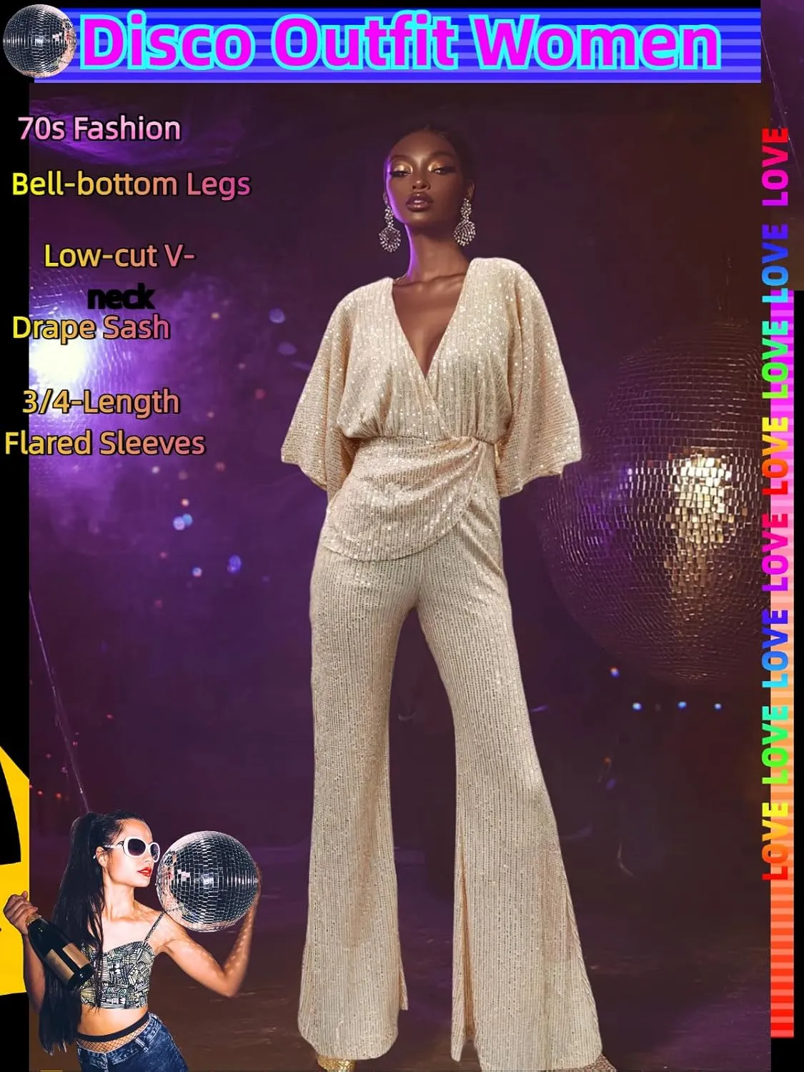 70s Disco Outfit Woman Sequin Jumpsuit Costume Outfits V-Neck for Women with Disco Ball Accessories