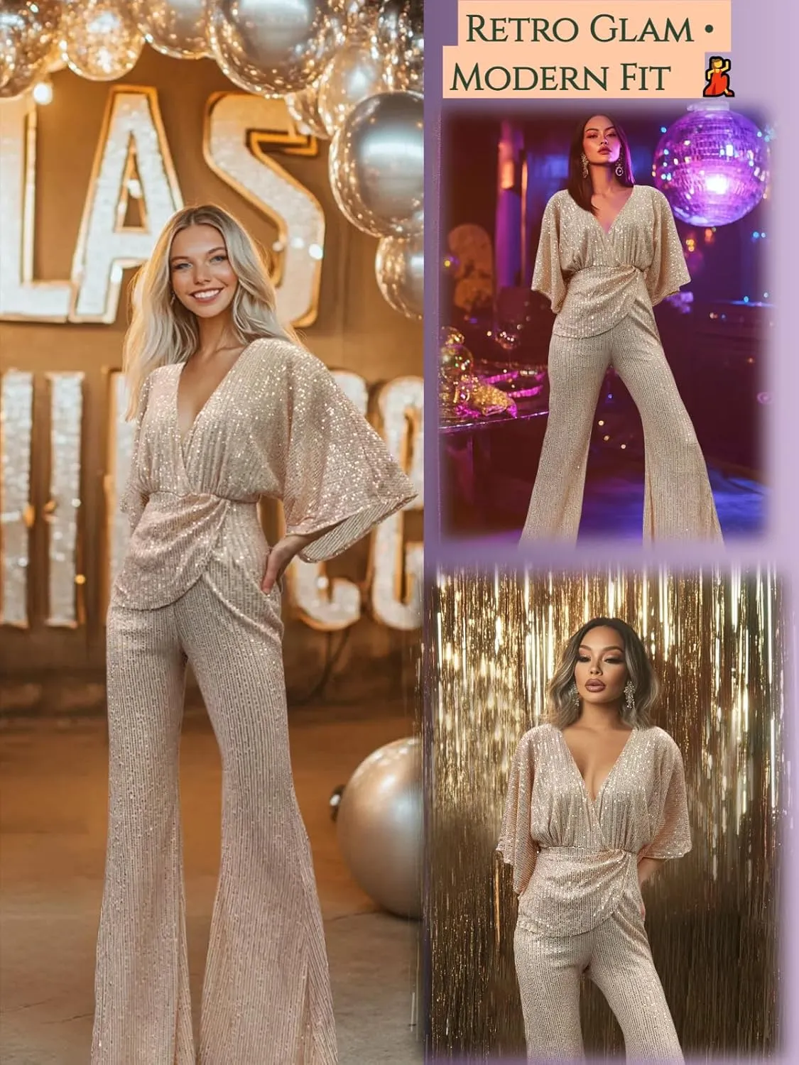 70s Disco Outfit Woman Sequin Jumpsuit Costume Outfits V-Neck for Women with Disco Ball Accessories