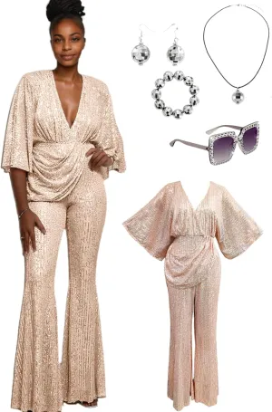 70s Disco Outfit Woman Sequin Jumpsuit Costume Outfits V-Neck for Women with Disco Ball Accessories