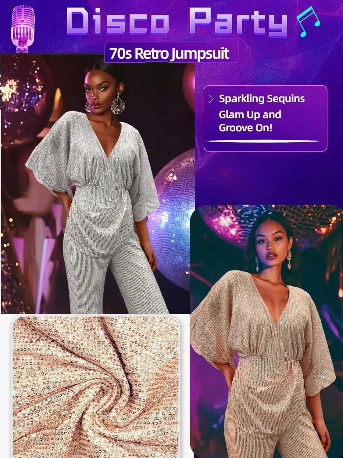 70s Disco Outfit Woman Sequin Jumpsuit Costume Outfits V-Neck for Women with Disco Ball Accessories