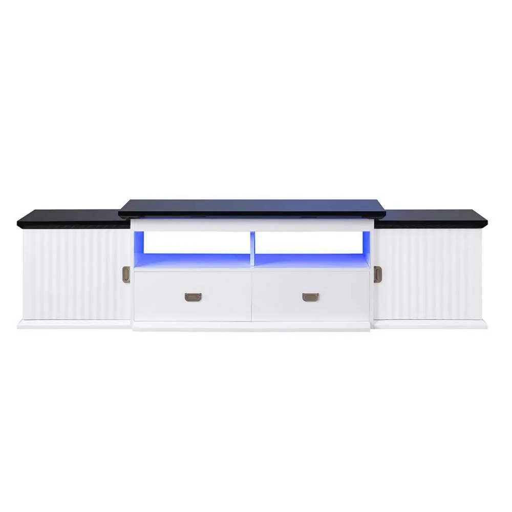 83 Inch TV Media Stand, White Wood Frame, Reeded Door Front, 2 Shelves By Casagear Home
