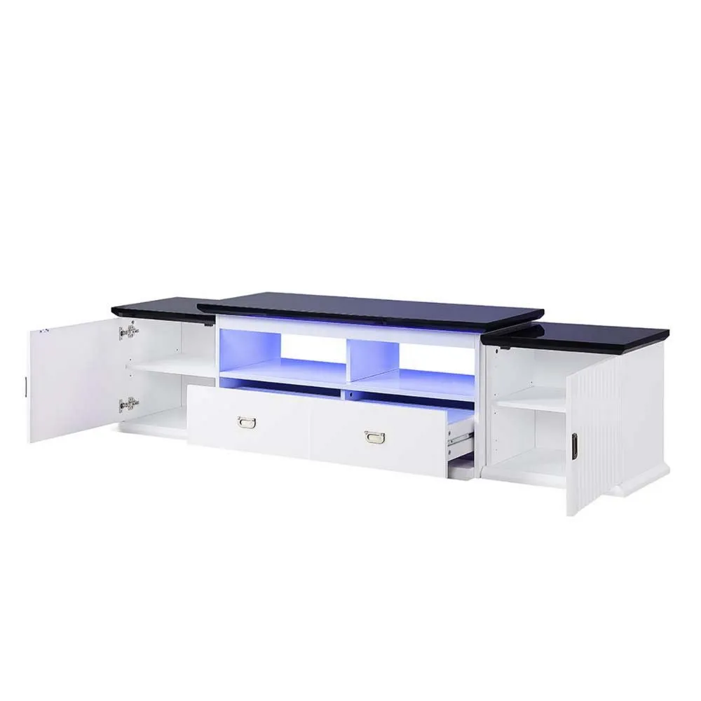 83 Inch TV Media Stand, White Wood Frame, Reeded Door Front, 2 Shelves By Casagear Home