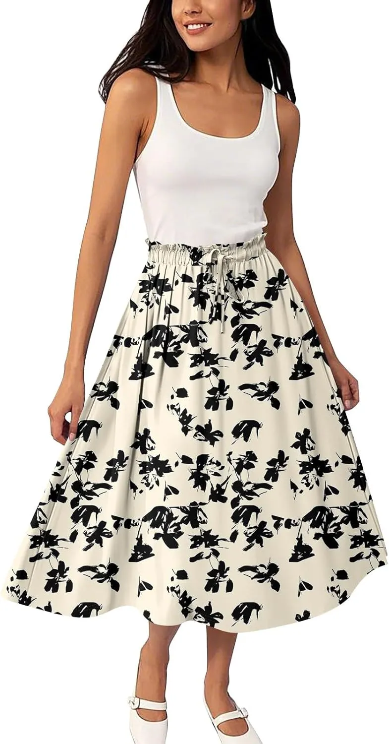 ADHOWBEW Boho Skirts for Women Midi Length Ruffle Cute Flowy High Waisted Trendy Beach Casual A Line Plus Size Spring Skirts