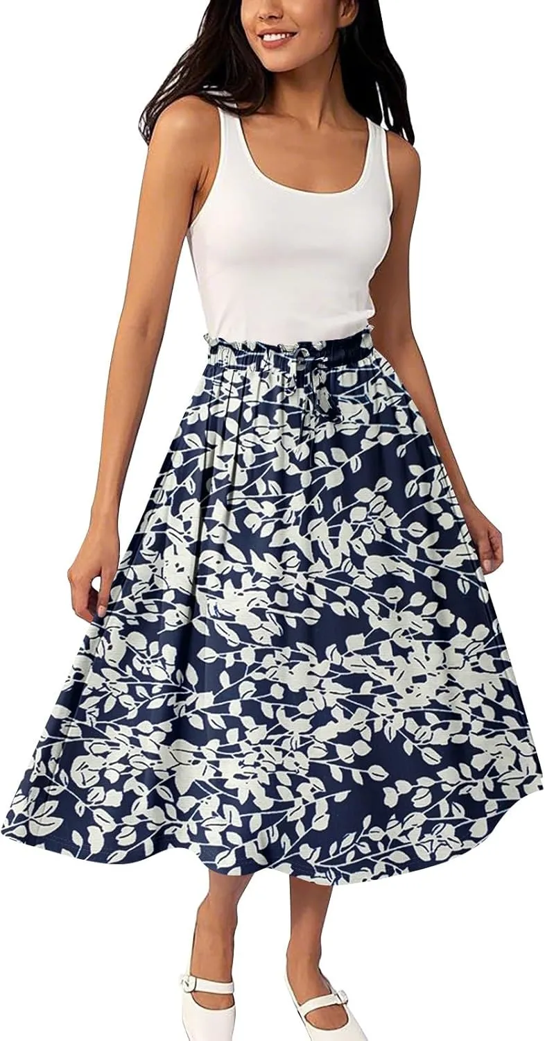 ADHOWBEW Long Skirts for Women Plus Size Casual Flowy A Line Ruffle Beach Midi Length Trendy Cute High Waisted Summer Skirts