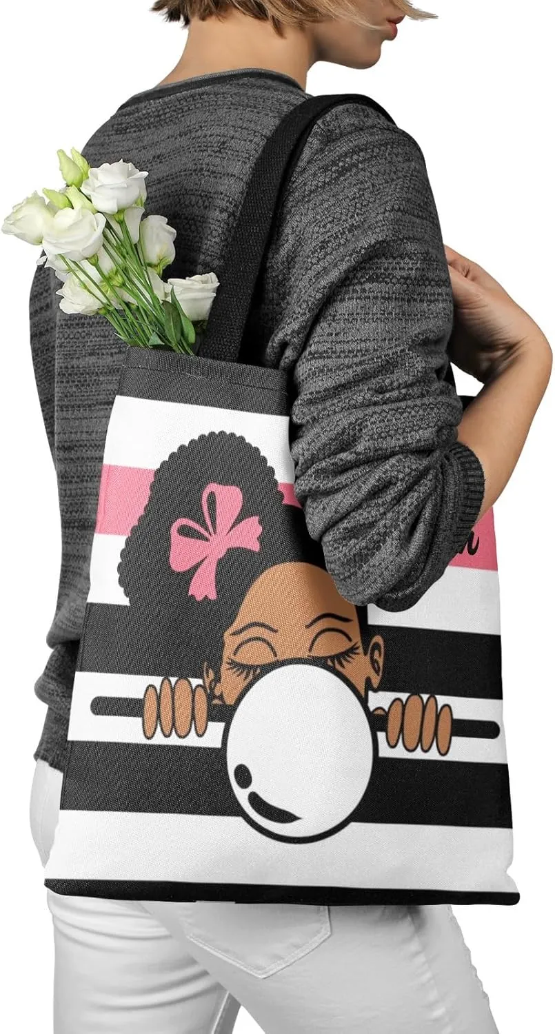 Afro Girl Striped Teal Canvas Tote Bag Aesthetic Reusable Grocery Shopping Bags Shoulder Bag Book Tote Gifts