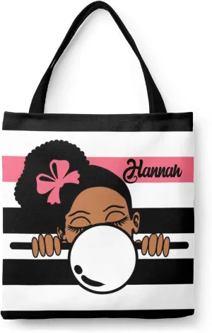 Afro Girl Striped Teal Canvas Tote Bag Aesthetic Reusable Grocery Shopping Bags Shoulder Bag Book Tote Gifts