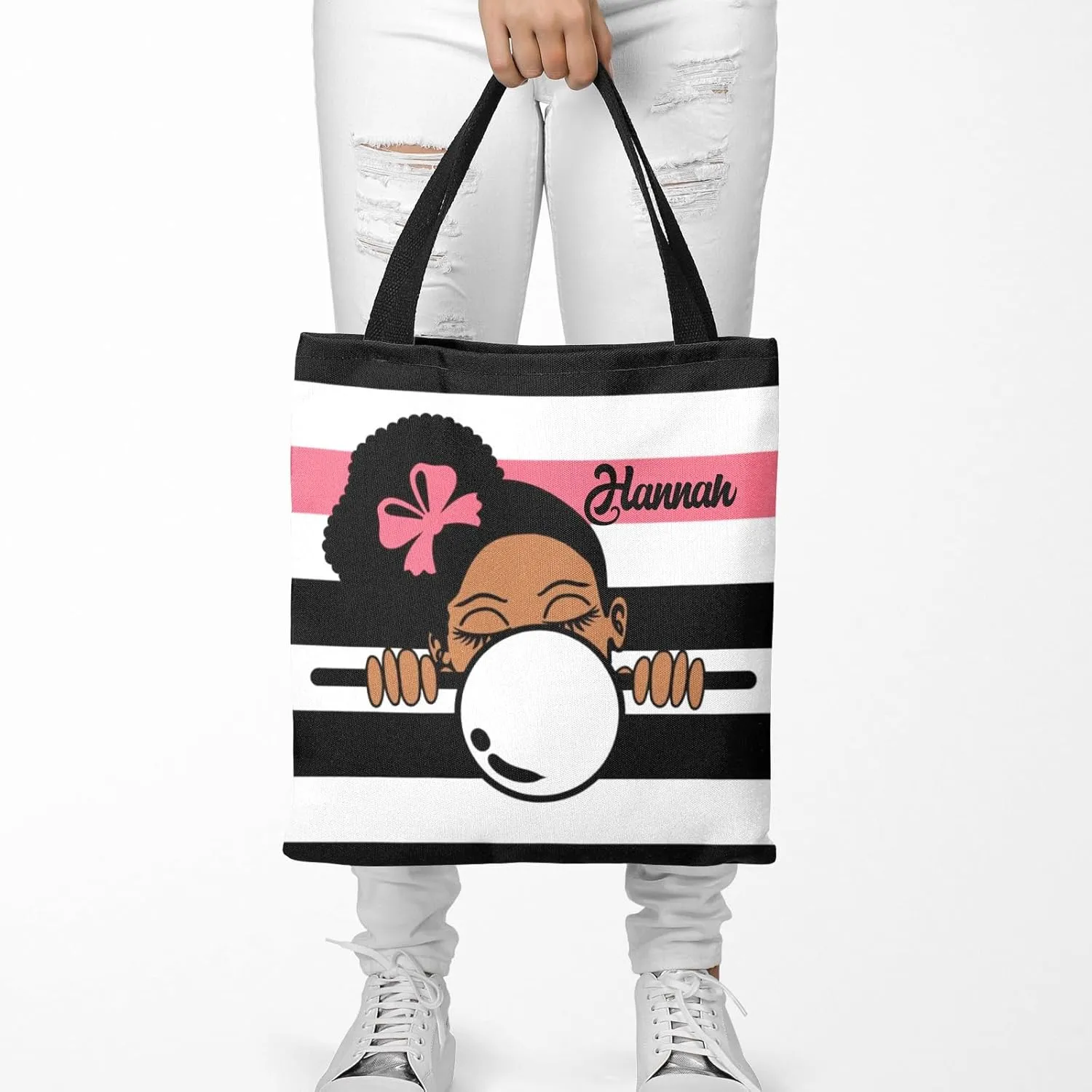 Afro Girl Striped Teal Canvas Tote Bag Aesthetic Reusable Grocery Shopping Bags Shoulder Bag Book Tote Gifts