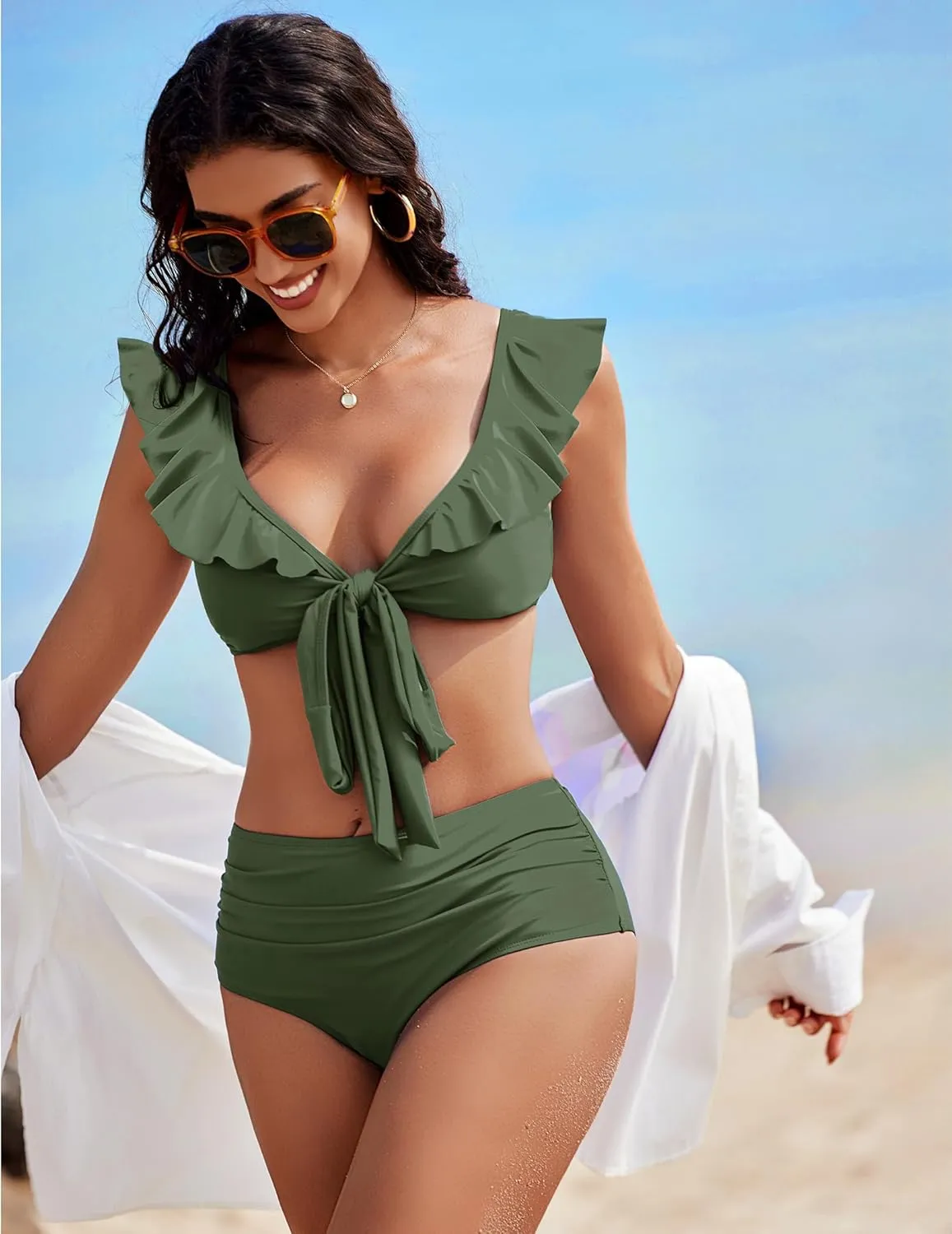 AI'MAGE Women High Waisted Bikini Sets Tummy Control Swimsuits Ruffle Sleeve Two Piece Bathing Suit V Neck Swimwear S-XXL