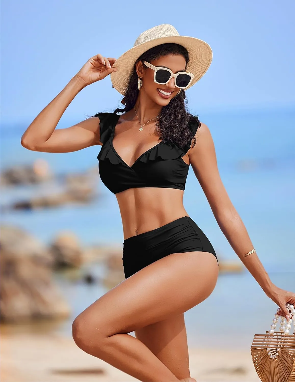AI'MAGE Women High Waisted Bikini Sets Tummy Control Swimsuits Ruffle Sleeve Two Piece Bathing Suit V Neck Swimwear S-XXL