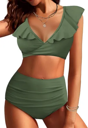 AI'MAGE Women High Waisted Bikini Sets Tummy Control Swimsuits Ruffle Sleeve Two Piece Bathing Suit V Neck Swimwear S-XXL