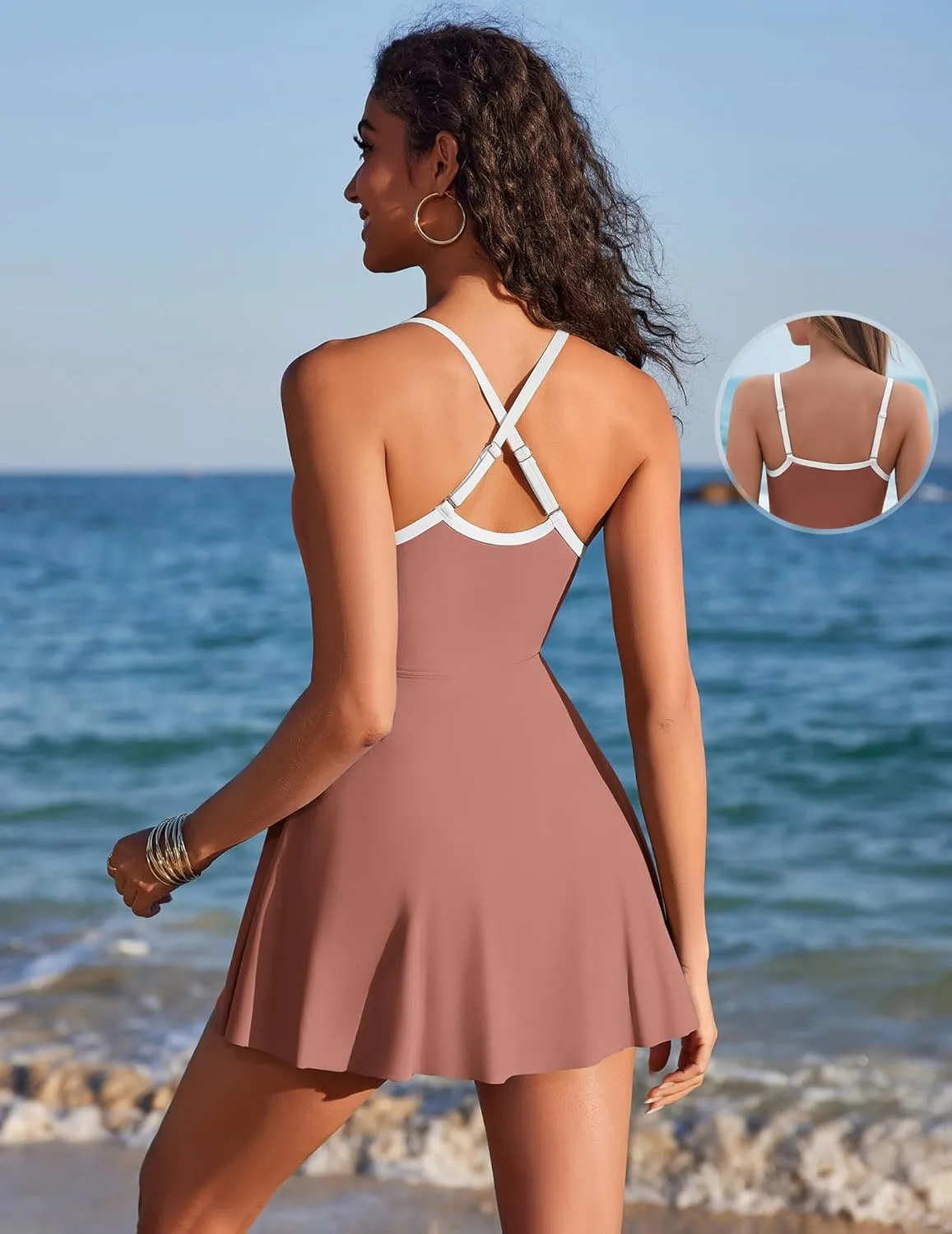 AI'MAGE Womens One Piece Swimsuits A Line Swim Dress Adjustable Straps Tummy Control Bathing Suit with Pockets