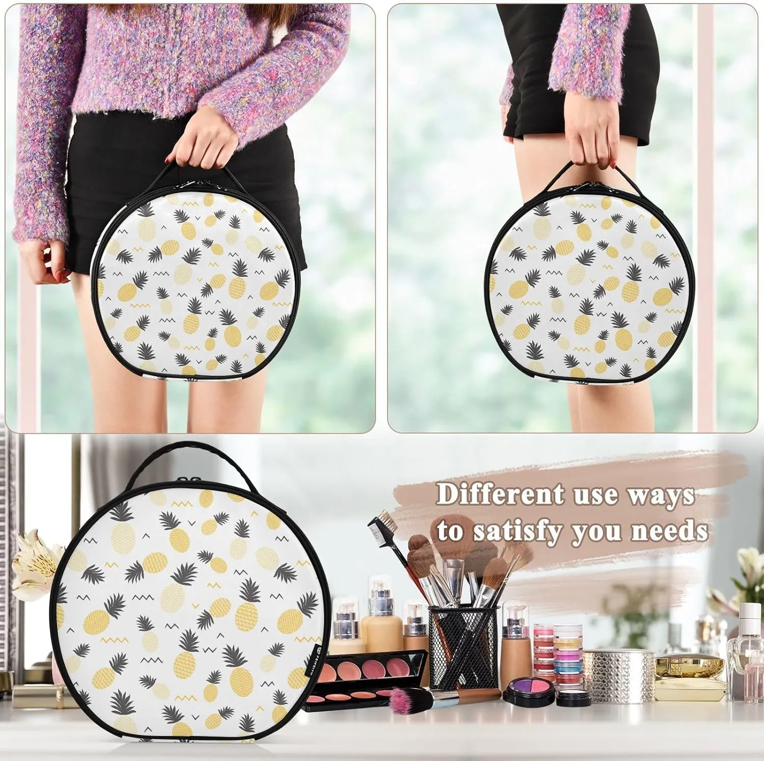 ALAZA Pineapple Yellow and Grey Travel Cosmetic Organizer Make up Organizer Toiletry Bag