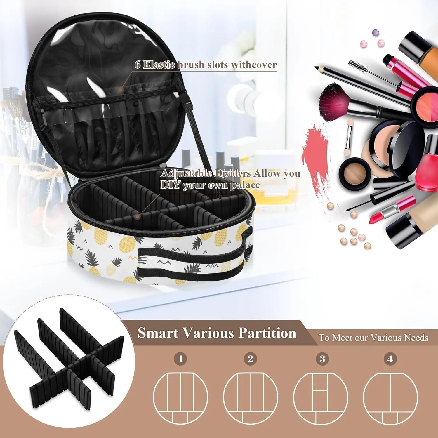 ALAZA Pineapple Yellow and Grey Travel Cosmetic Organizer Make up Organizer Toiletry Bag