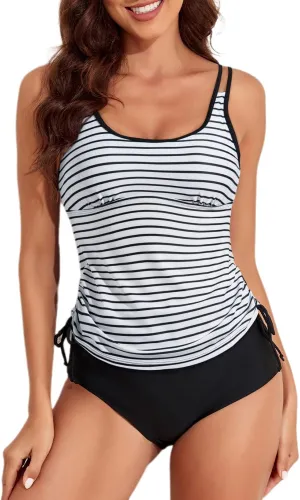 Aleumdr Womens Blouson Tankini Swimsuits Athletic Two Piece Strappy Tummy Control Bathing Suits with Bottoms