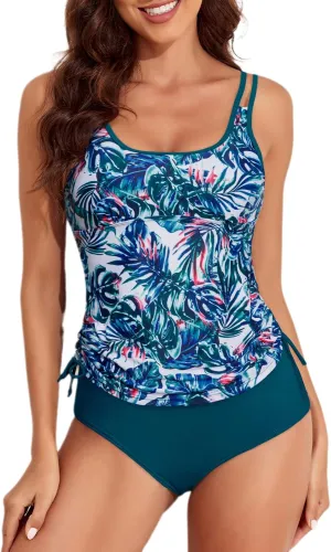 Aleumdr Womens Blouson Tankini Swimsuits Athletic Two Piece Strappy Tummy Control Bathing Suits with Bottoms