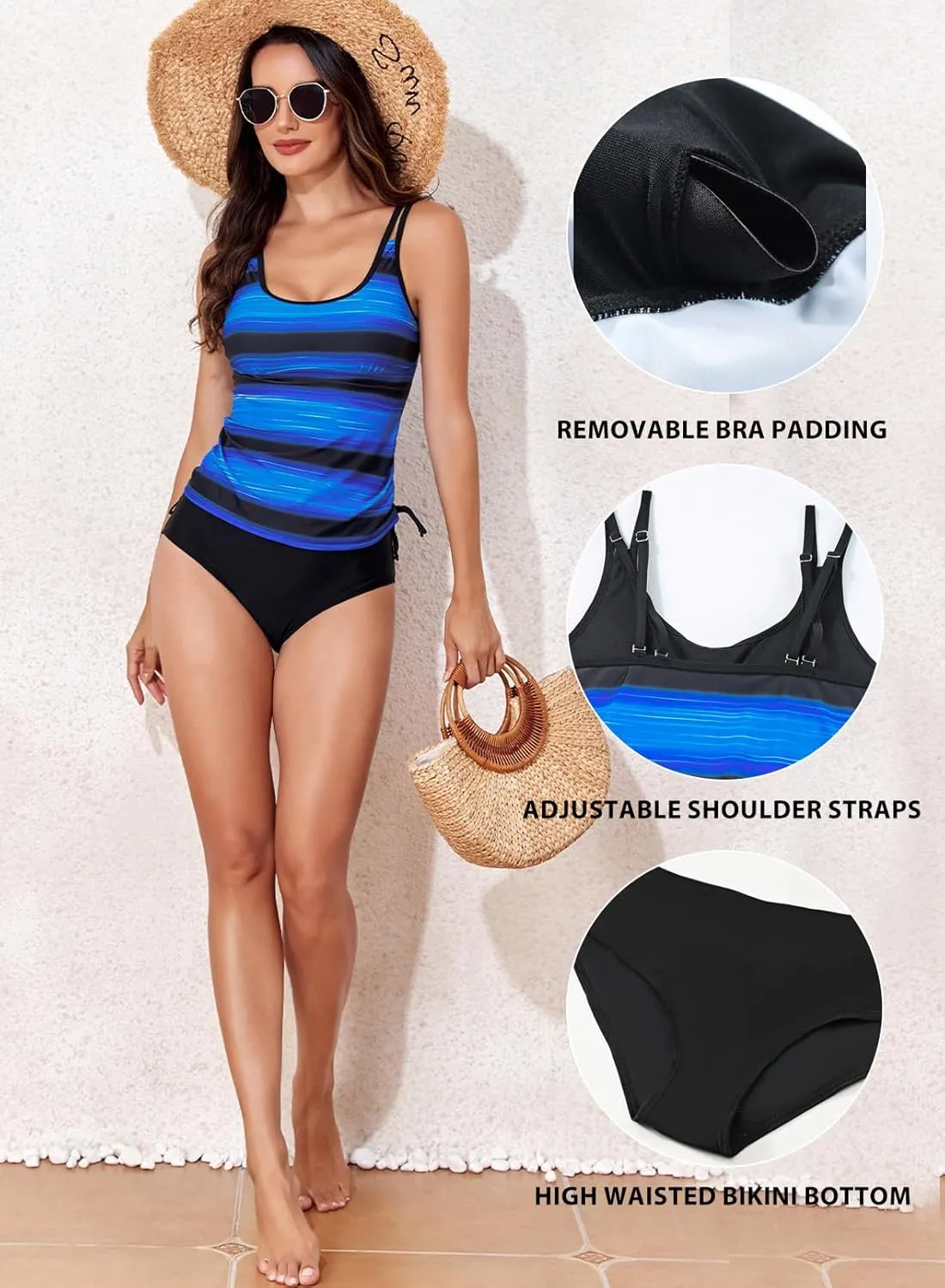 Aleumdr Womens Blouson Tankini Swimsuits Athletic Two Piece Strappy Tummy Control Bathing Suits with Bottoms