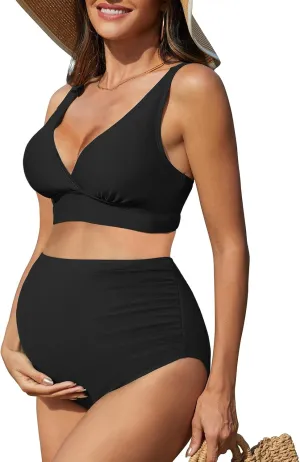 American Trends Maternity Swimsuit High Waisted Bikini Set Two Piece Pregnancy Bathing Suit Swimwear Swimming Suit