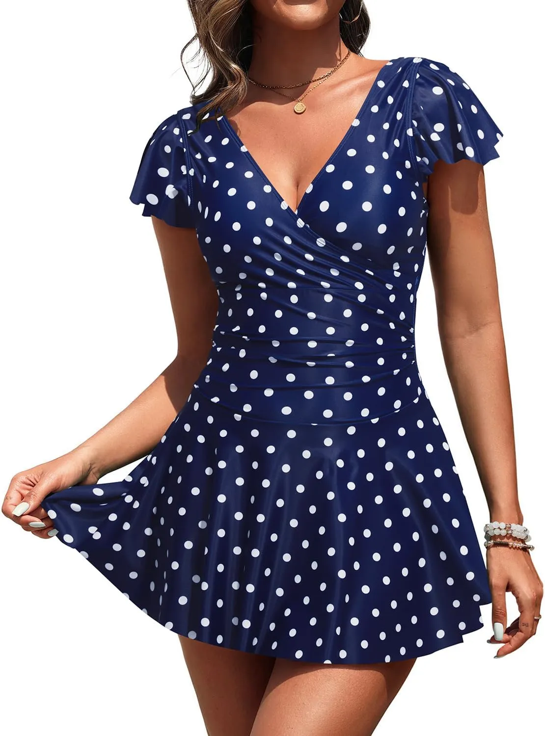 Aqua Eve One Piece Swimsuit with Skirt - Tummy Control Swimdress with Sleeve Modest Bathing Suit Swim Dress